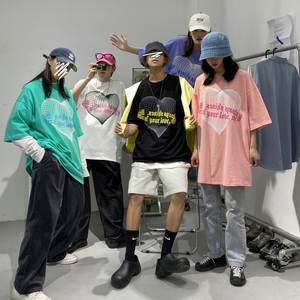 主推oversize 情侣装夏装 网格爱心情侣短袖中性T恤H627 P30 女类图片