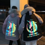 情侣装冬装拼色反光独角兽大毛领连帽情侣棉衣H596P148男类，男装棉衣，电商A341
