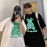 情侣装夏装棋盘格小熊印花情侣短袖T恤宽松半袖H719P30男类，男装T恤，电商A341