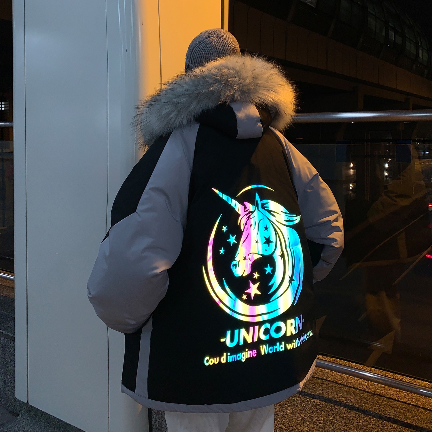 港风冬装拼色反光独角兽大毛领连帽情侣棉衣H596P148女类，女装棉衣/棉服，电商A341