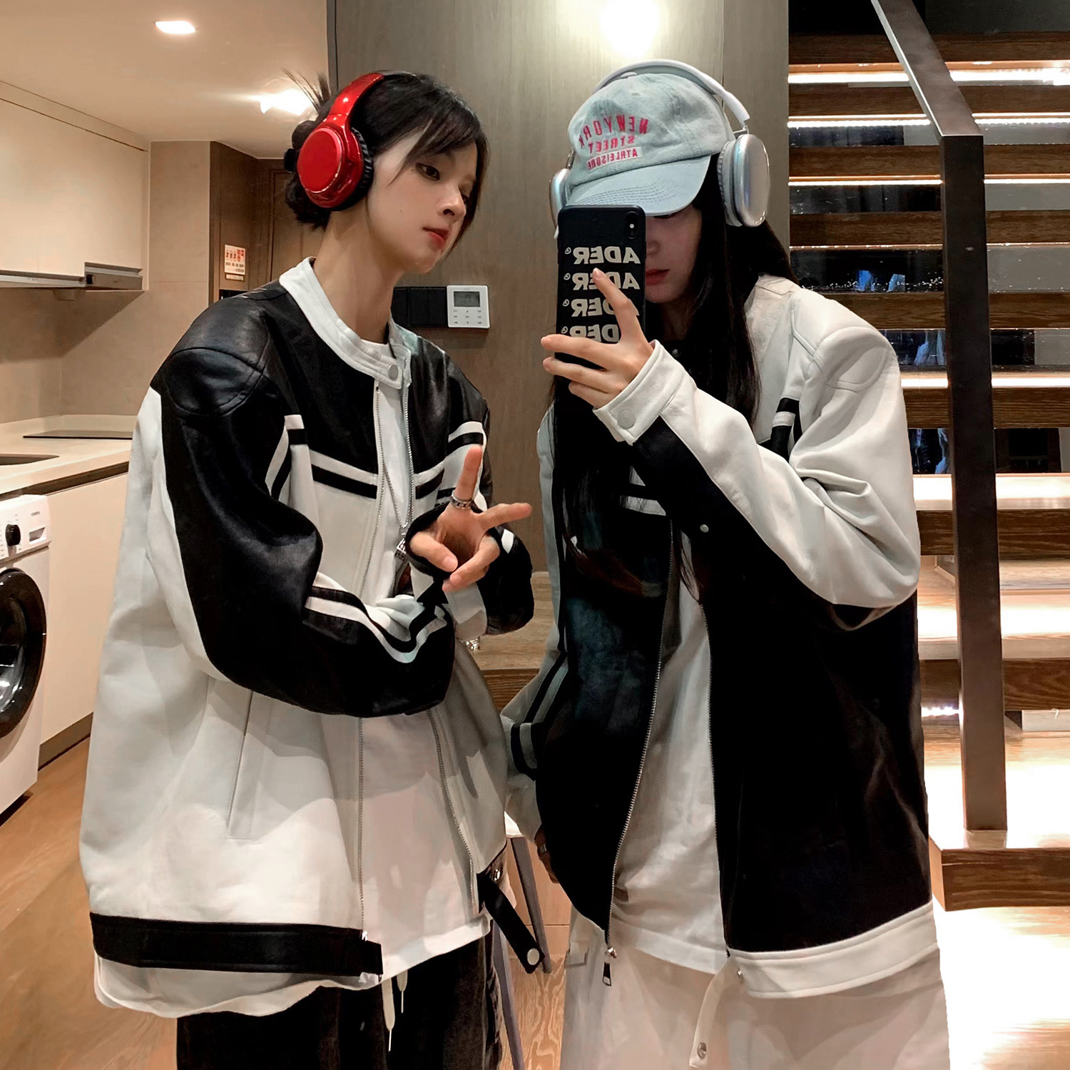 美式复古拼接pu机车服情侣加厚皮衣夹克棉衣外套男女H897P118,男装夹克,电商A341