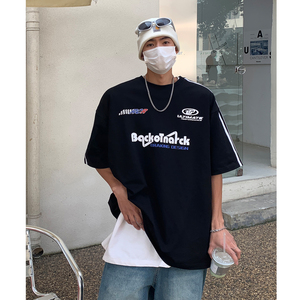 2023 高街赛车服织带圆领情侣短袖T恤衫宽松运动服男H829 P38,男装T恤,电商A341