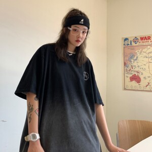 情侣装夏装 复古水洗做旧渐变情侣短袖T恤印花宽松 H707 P38女类图片