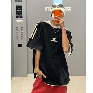 主推 复古杠条织带运动型情侣短袖T恤衫重磅插肩袖体恤H825 P38男图片