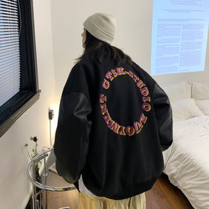 2023秋装 毛呢拼接PU皮棒球服夹克情侣外套 H572 P118女类图片