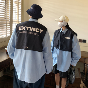 主推潮情侣装条纹假两件长袖情侣衬衫工装衬衣H753P78控98女