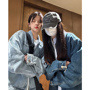 中性秋装 水洗美式垫肩短款复古情侣牛仔夹克上衣外套男女H877P98图片