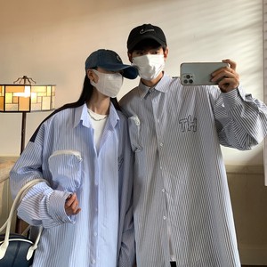 2022情侣装秋装 条纹假两件长袖情侣衬衫上衣外套 H749P65 女类图片