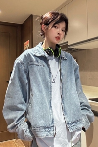 中性秋装 水洗美式垫肩短款复古情侣牛仔夹克上衣外套男女H877P98图片