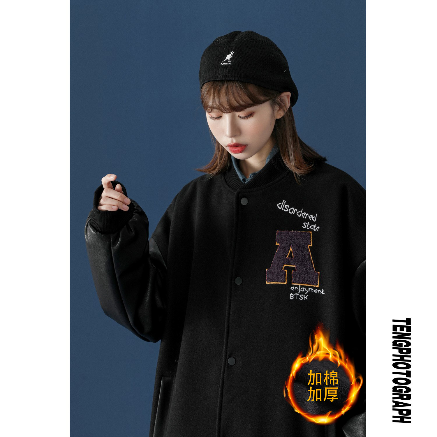中性风冬装PU皮拼接呢料棒球服情侣棉衣加厚外套H572-1P125女,男装夹克,电商A341