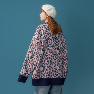 中性风秋冬新款 豹纹提花情侣毛衣针织衫外套H682 P78 女类图片