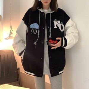 中性毛呢拼接PU皮棒球服毛巾绣情侣夹克外套H678 P118女类图片