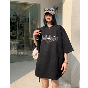 中性高街潮设计鹿皮绒印花情侣短袖T恤宽松上衣男 H828 P35控48图片