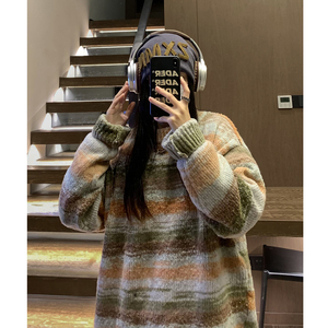 中性风 美式复古慵懒风圆领套头情侣毛衣撞色针织衫男女 H907 P78图片