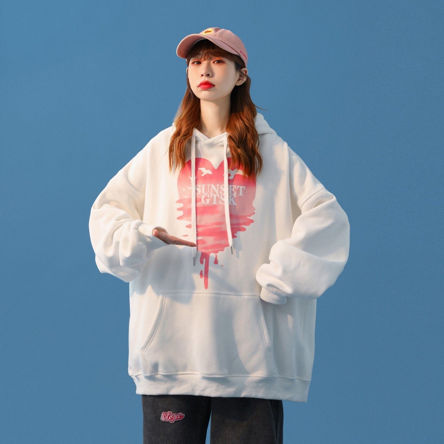 中性融化爱心落日印花宽松大码情侣卫衣外套H673P48女类,女装卫衣/绒衫,电商A341