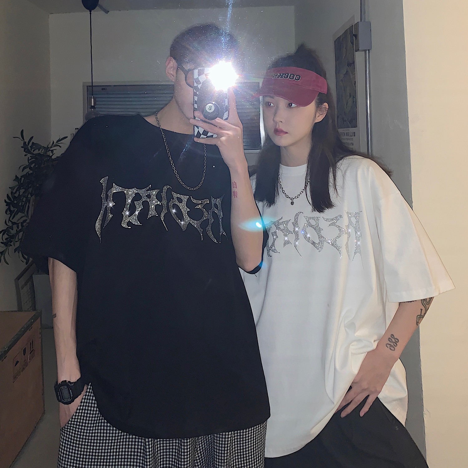 情侣装夏装高街烫钻闪亮和平字母宽松情侣短袖T恤大码H716P38女类,男装T恤,电商A341