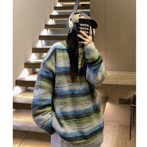 中性风美式复古慵懒风圆领套头情侣毛衣撞色针织衫男女H907P78