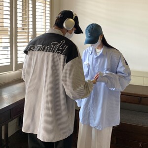 2022情侣装秋装条纹假两件长袖情侣衬衫上衣外套H749P65女类,清新的森女田园风格 搭配裙子图片