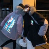 情侣装冬装拼色反光独角兽大毛领连帽情侣棉衣H596P148男类，男装棉衣，电商A341