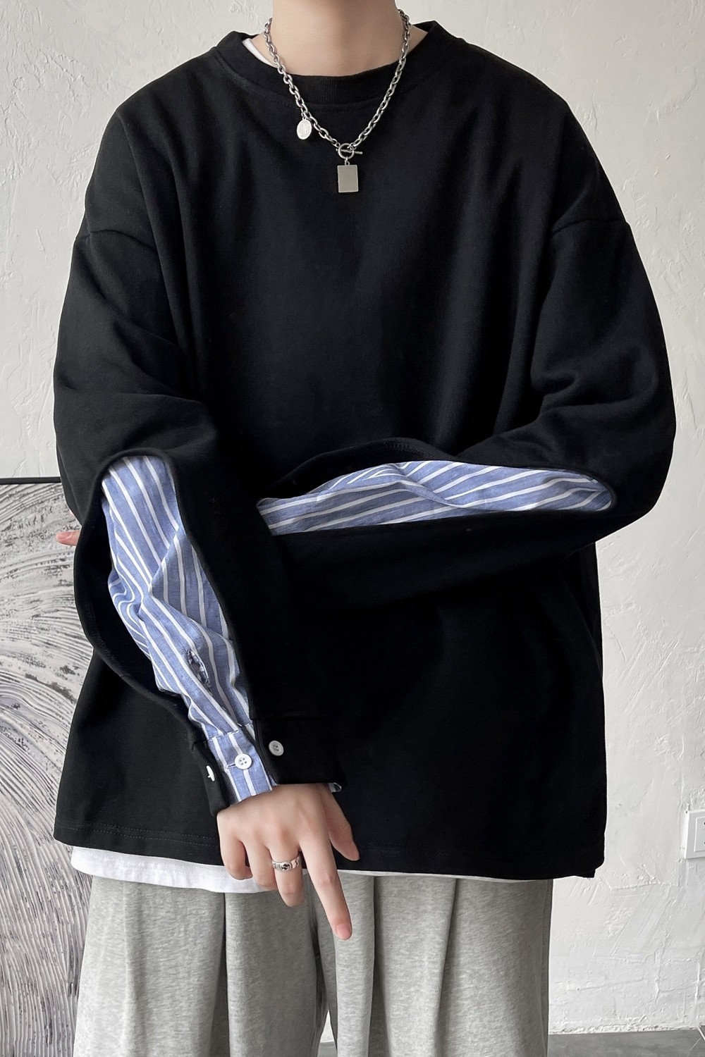 短句双层袖口拼接条纹假两件套头长袖卫衣外套H659P45控58,男装卫衣,电商A341