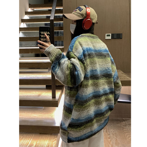 中性风 美式复古慵懒风圆领套头情侣毛衣撞色针织衫男女 H907 P78图片