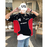 情侣装重磅美式高街宽松机车服撞色情侣短袖T恤印花半袖H854P48，男装T恤，电商A341