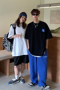 2022情侣装夏装 绣花卡通字母情侣短袖T恤宽松上衣H713 P30女类图片