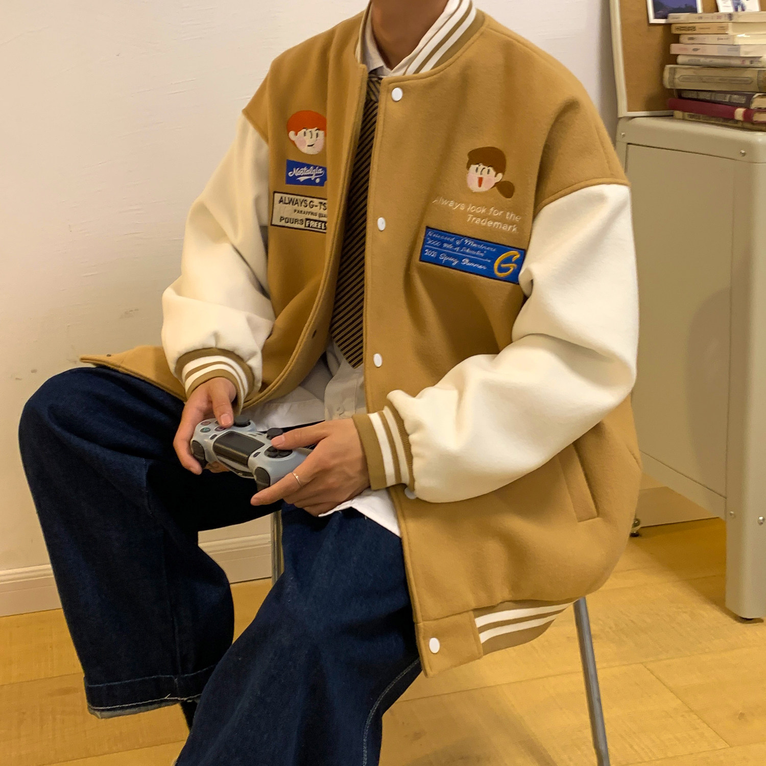 中性秋装学院风呢料情侣夹克绣花棒球服外套H667P98控128女类,女装短外套,电商A341