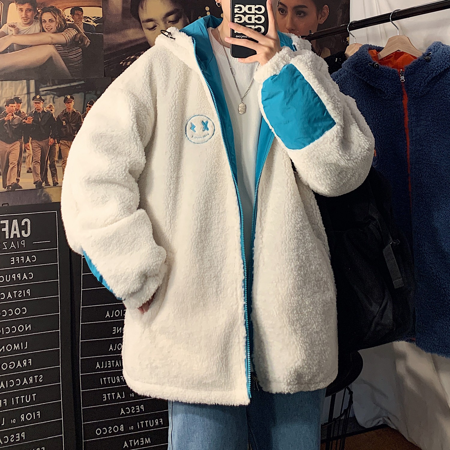 冬装羊羔毛绣花撞色情侣棉衣外套中性加厚棉服H576P128男类,男装棉衣,电商A341