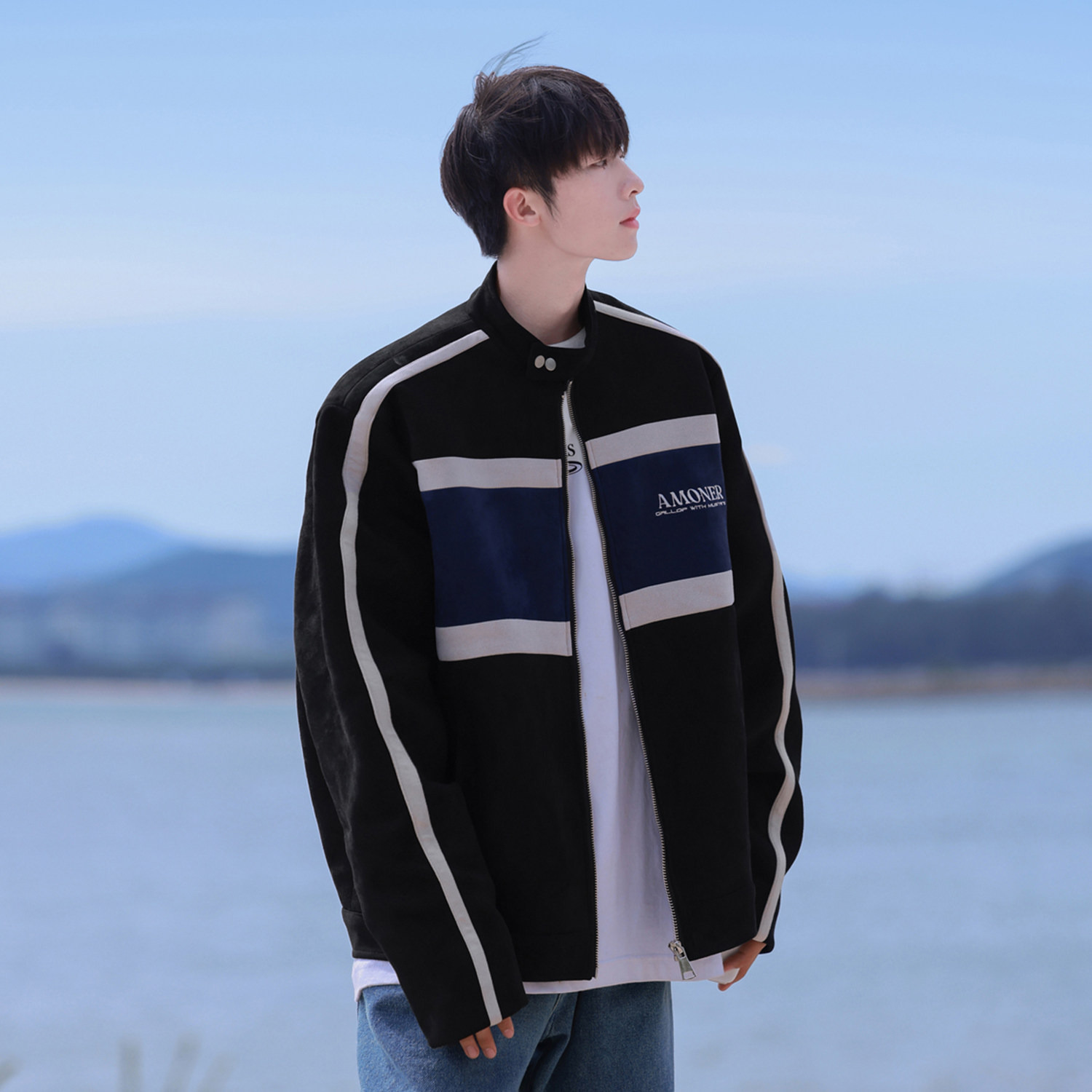2023美式复古立领机车服拼接鹿皮绒夹克外套上衣男H889P108,男装夹克,电商A341
