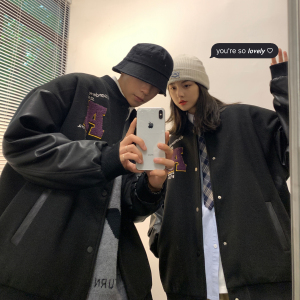 2023情侣装秋装 毛呢拼接PU皮棒球服情侣夹克外套 H572 P118 男类图片