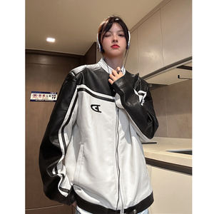 美式复古拼接pu机车服情侣加厚皮衣夹克棉衣外套男女H897 P118图片