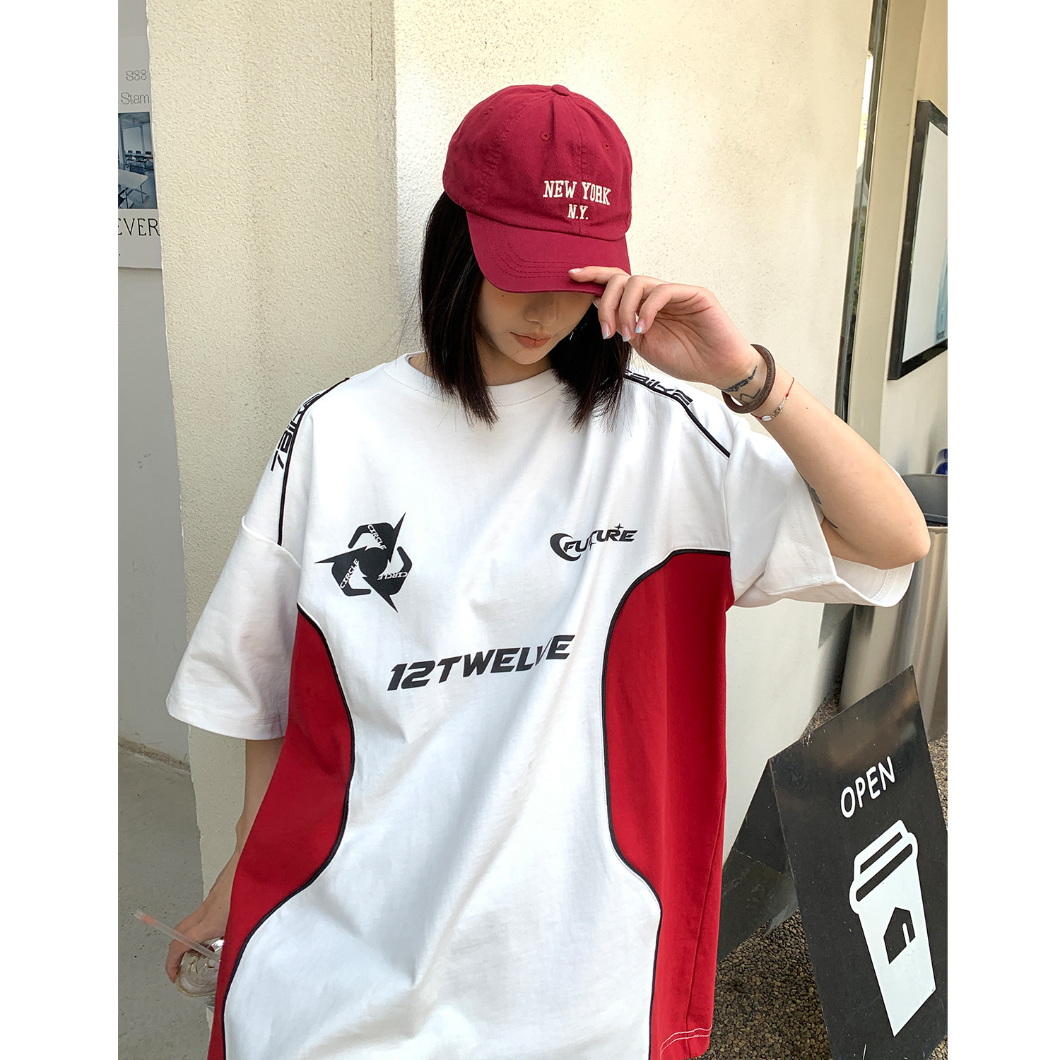 260重磅 美式高街宽松机车服撞色情侣短袖T恤印花半袖女 H854 P48图片