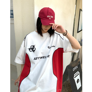 260重磅 美式高街宽松机车服撞色情侣短袖T恤印花半袖女 H854 P48图片