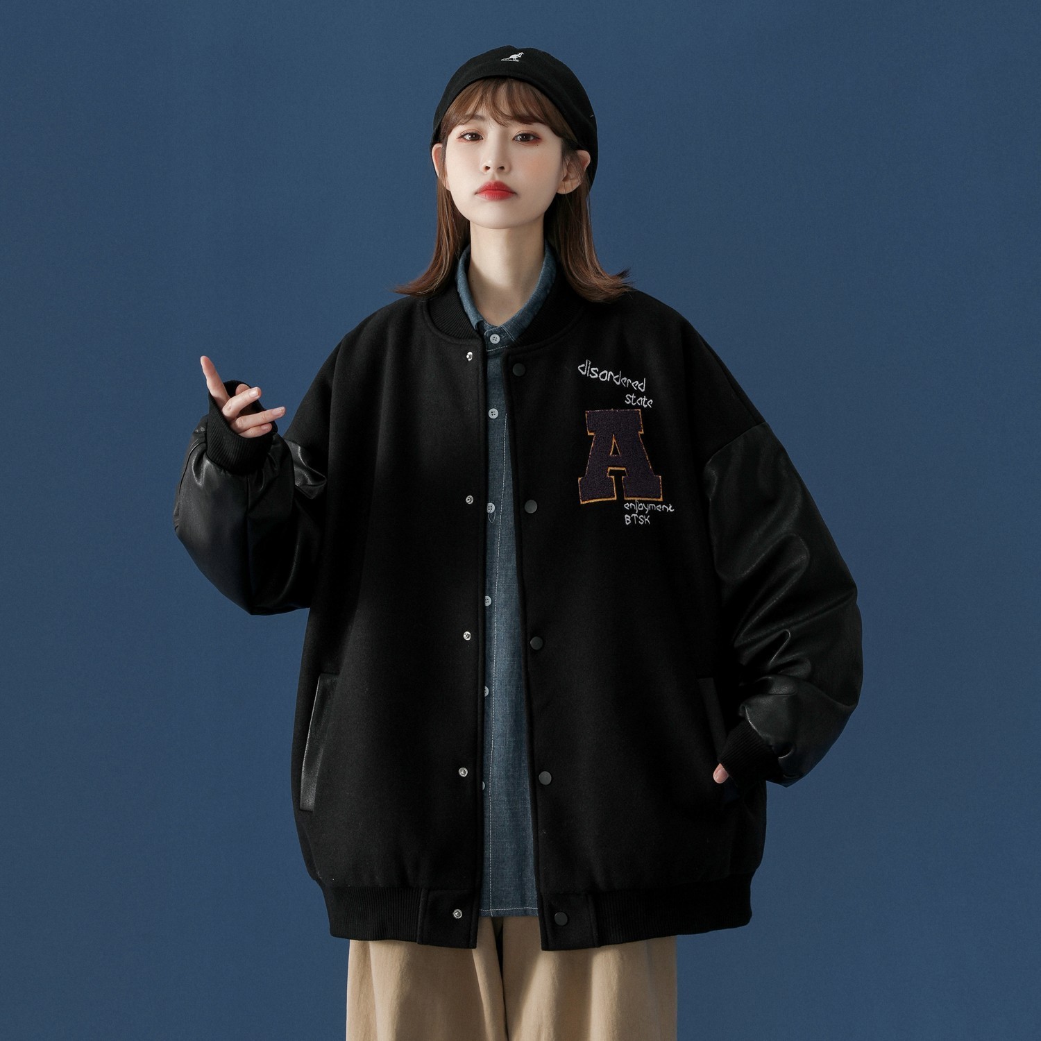 中性风宽松新款PU皮拼接呢料棒球服情侣外套H572P118男类,男装夹克,电商A341