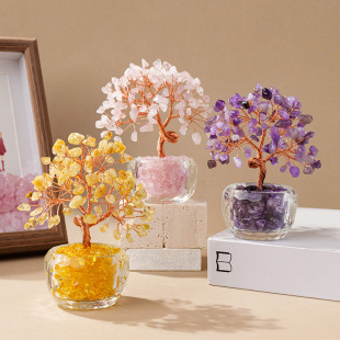 天然水晶碎石水晶彩虹树相框摆件紫黄粉水晶生命树创意家居疗愈