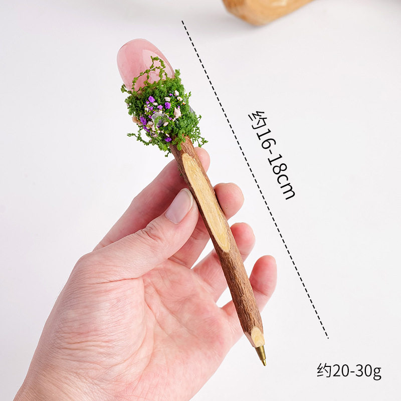 天然水晶球木质圆珠笔白单晶粉水晶原木魔法水晶笔书写签字笔