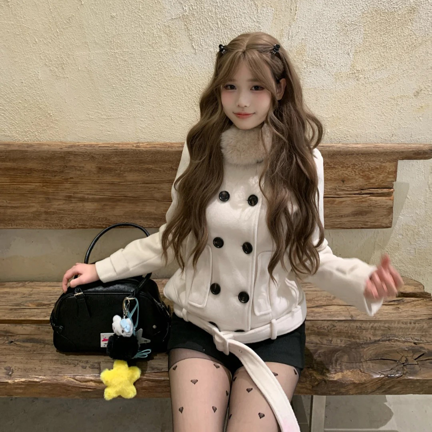 2026春季新款复古氛围感收腰毛毛领双排扣小众设计短款毛呢外套女