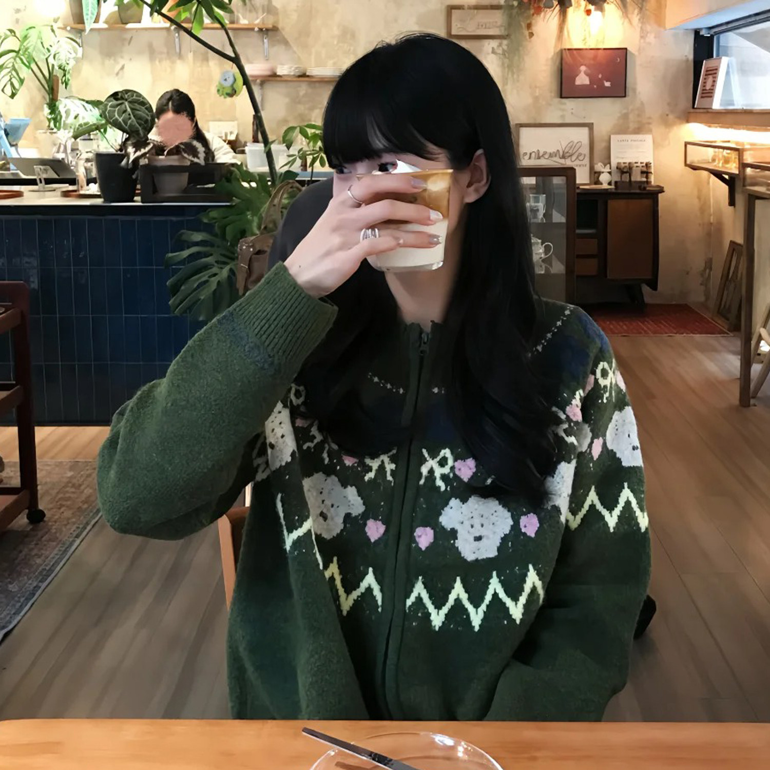 韩系绿色复古费尔岛高级感毛衣2026春冬季穿搭宽松软糯针织开衫女