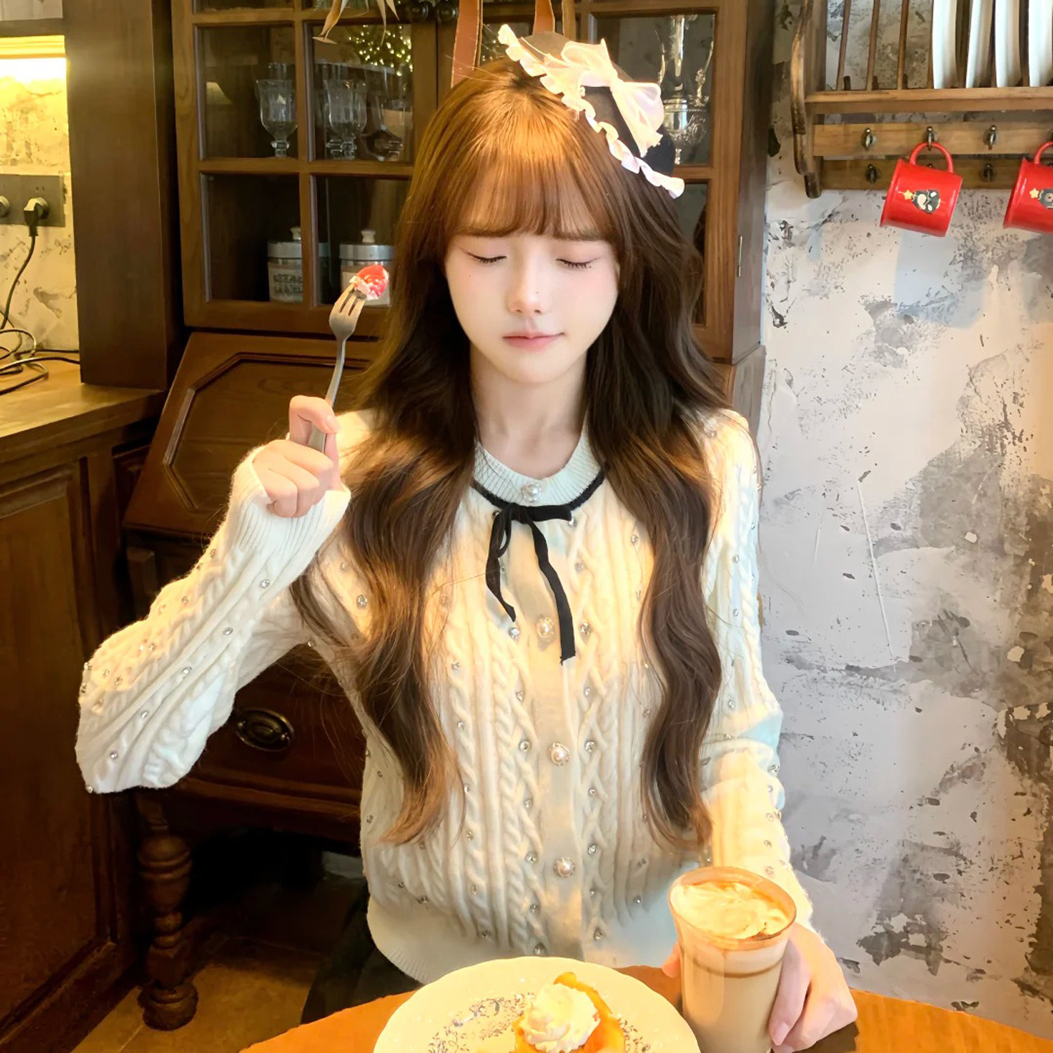 2026春季新款韩系千金小香风蝴蝶结烫钻设计感修身针织毛衣开衫女