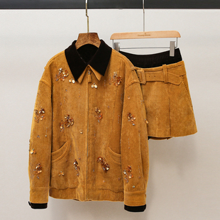 深圳南油高端女装2025冬季新款时尚撞色领灯芯绒外套夹克半裙套装