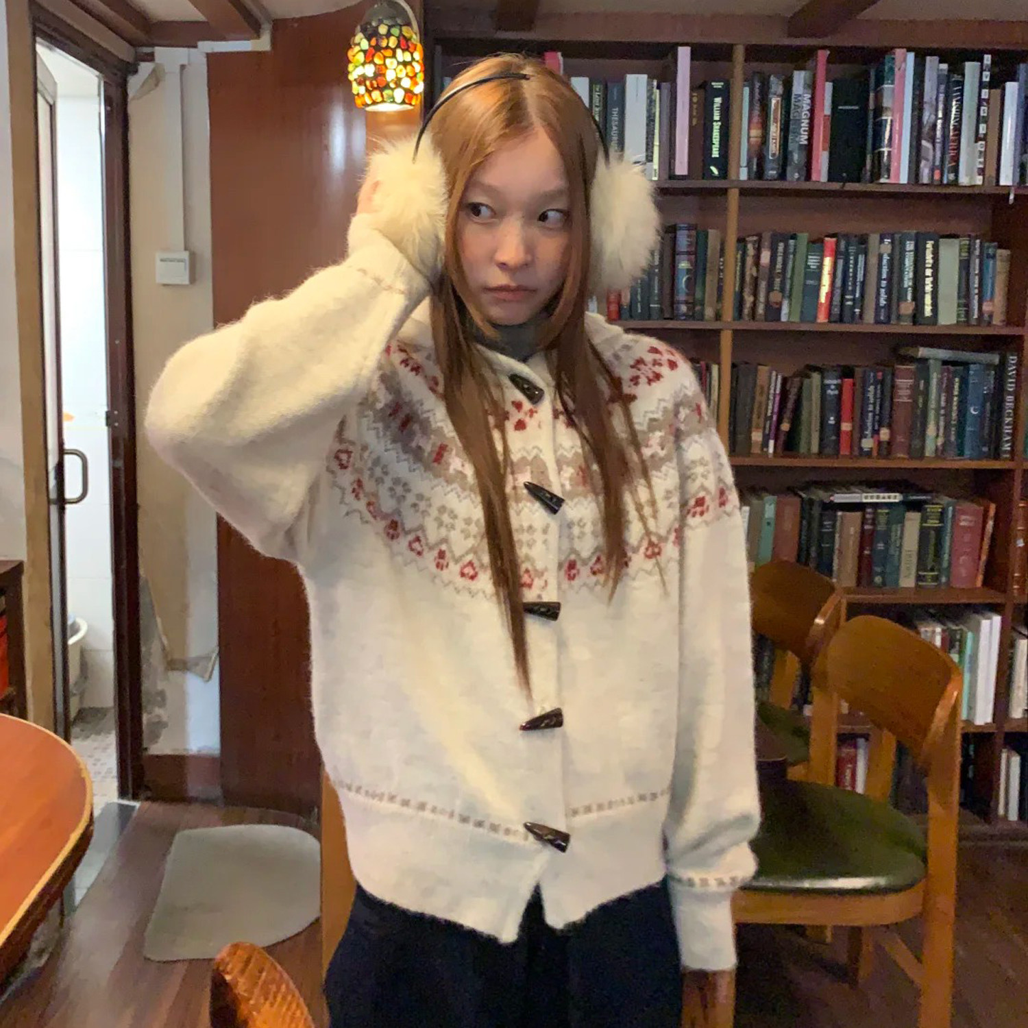 冬季费尔岛牛角扣毛织外套毛衣开衫提花慵懒高级感时尚百搭上衣女