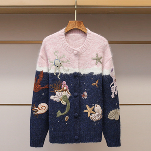 深圳南油高端女装2025冬新款设计感海洋生物提花圆领毛衣针织外套