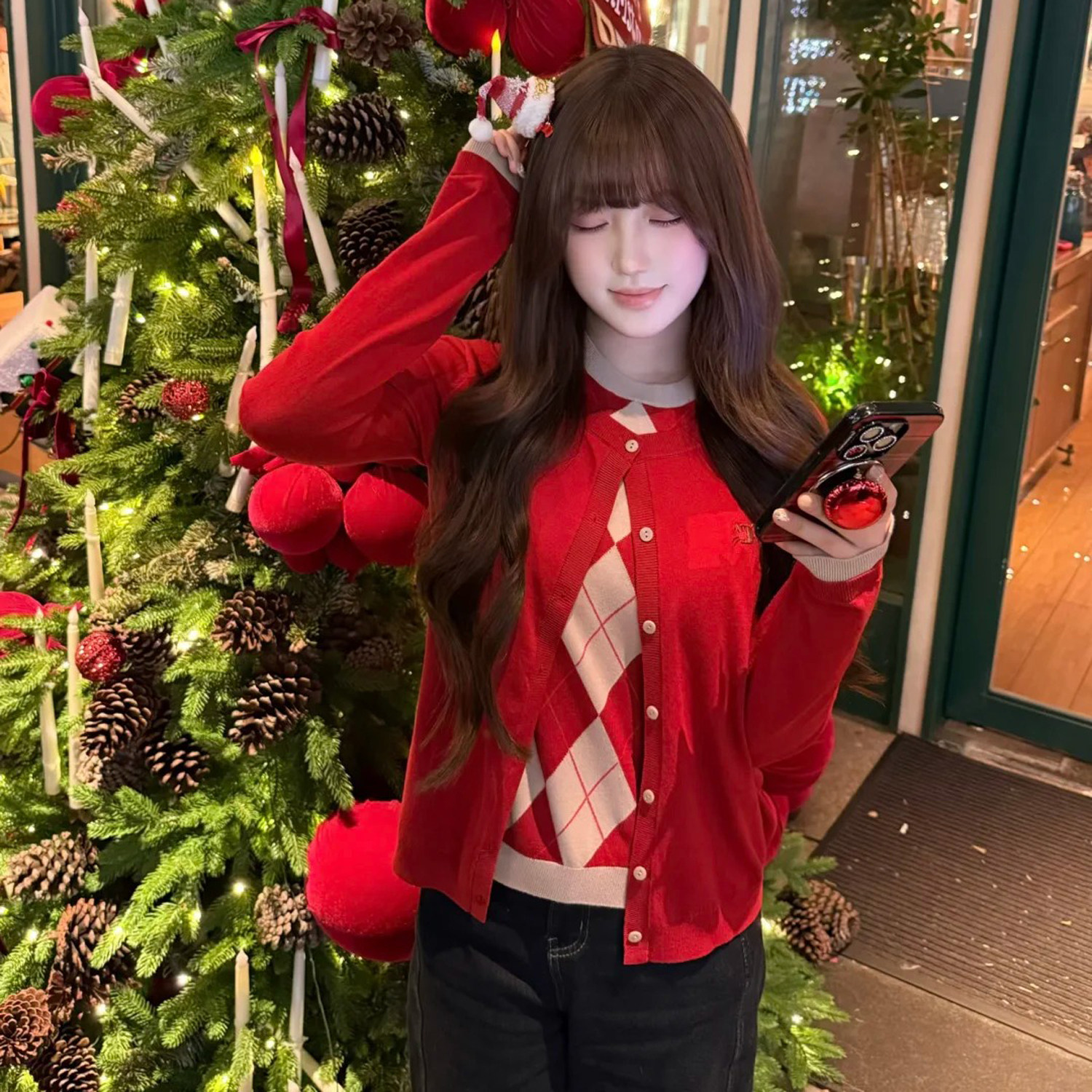 韩系慵懒内搭红色假两件针织衫女冬季新年穿搭毛衣外套学院风上衣