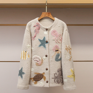 深圳南油高端女装2025冬季新款设计感钉珠海洋刺绣毛针织开衫外套