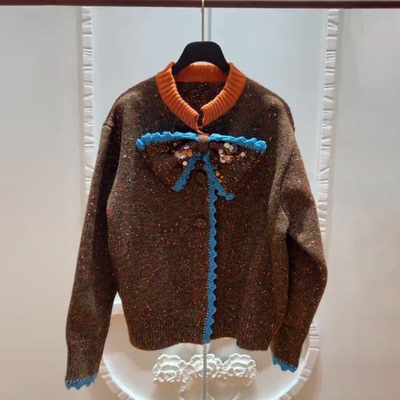 撞色廓形针织蝴蝶结开衫毛衣外套