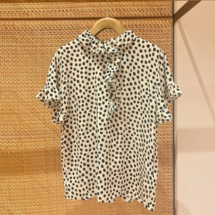深圳南油高端女装2026春季新款韩系时尚波点荷叶边气质短袖衬衫女