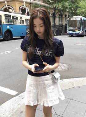 韩系女装东大门夏季新款字母提花泡泡袖镂空针织衫圆领短袖上衣