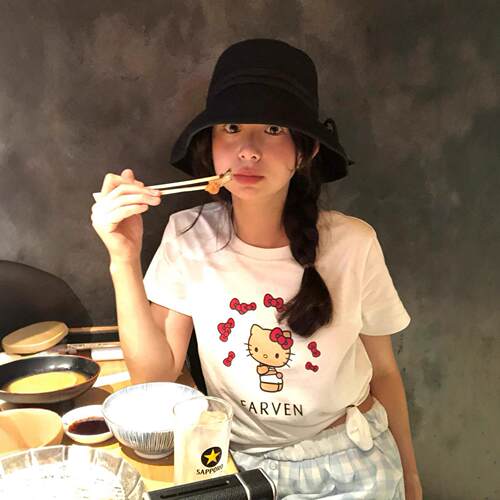 韩系女装韩国小众fa*ven夏季新款短款修身纯棉圆领短袖T恤