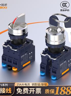 蓝波25A大电流金属钥匙钮旋钮按钮开关快插式塑料带灯红绿色1NO